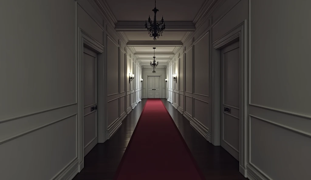 Cinematic, hyper realistic, A detailed interior image of a dimly lit, eerie white hallway in a mansion. The scene is characterized by its shadowy, monochromatic color palette, with a focus on a single closed door at the end of the corridor. The hallway is illuminated by a few antique wall sconces, casting a faint, ominous light. A red carpet runs along the wooden floor, leading towards the door, adding a stark contrast to the otherwise muted tones. The overall atmosphere is tense and foreboding, reminiscent of a scene from a horror or suspense narrative.