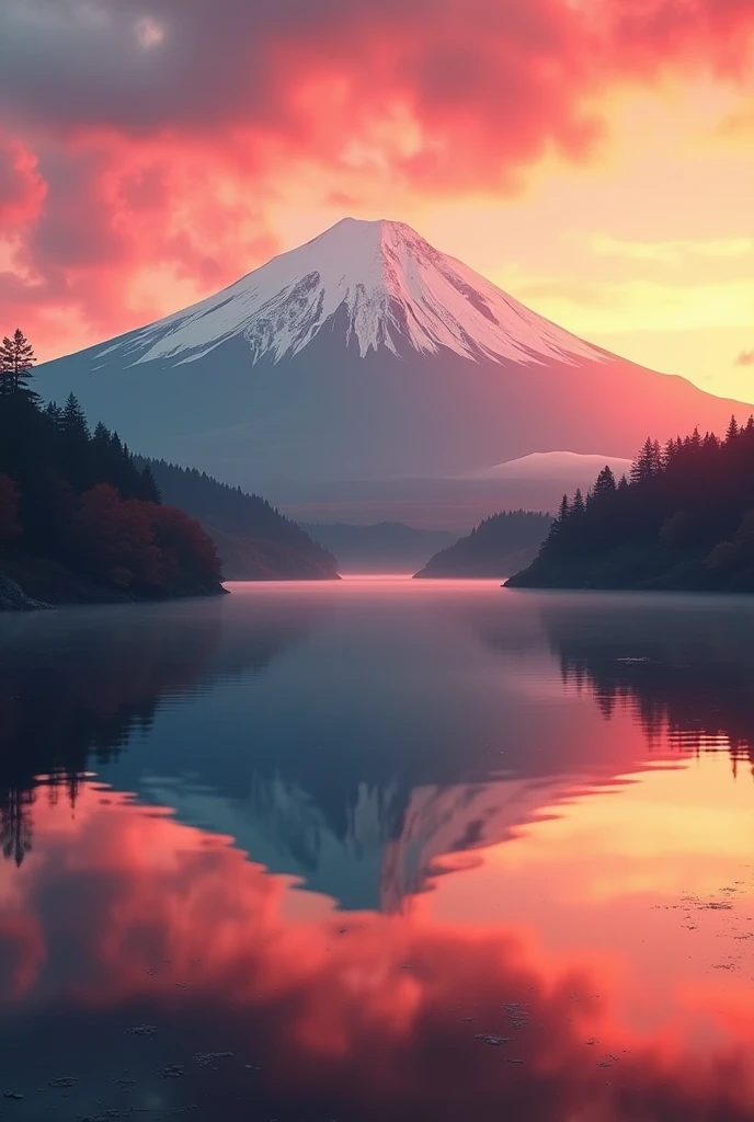 Original photo by Mount. Fuji Mountain, Exquisite and beautiful realistic photos, detailed, Realistic, Ultra-realistic photos, 8K Ultra HD, Digital SLR, the sun is The Shining, high quality, Film Grain, Fuji Mountainfilm XT3, (Master Parts), Majestic Mountain々. koyama, 湖のreflection, Fuji Mountain Vermelho, Red Sky, Flowing Clouds, The Shining, reflection,