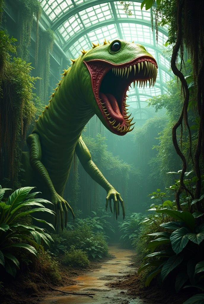 (( 80s horror )) conservatory with several plants venus fly trap with sharp teeth .