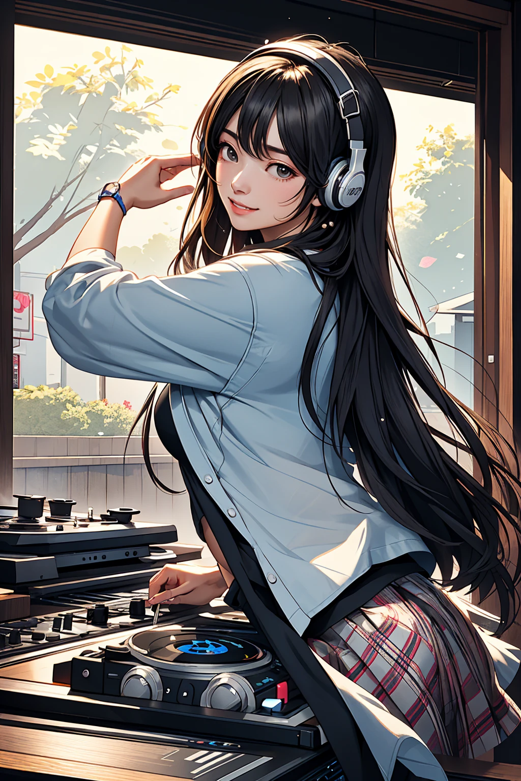 Club house, party, playing the best groove music, attractive and kawaii long-haired young club DJ Japanese woman. She is a genius who pleases the surroundings with headphones and is very exciting. Ultra-realistic photo with her as the focus, motion blur, high resolution, high quality, masterpiece.