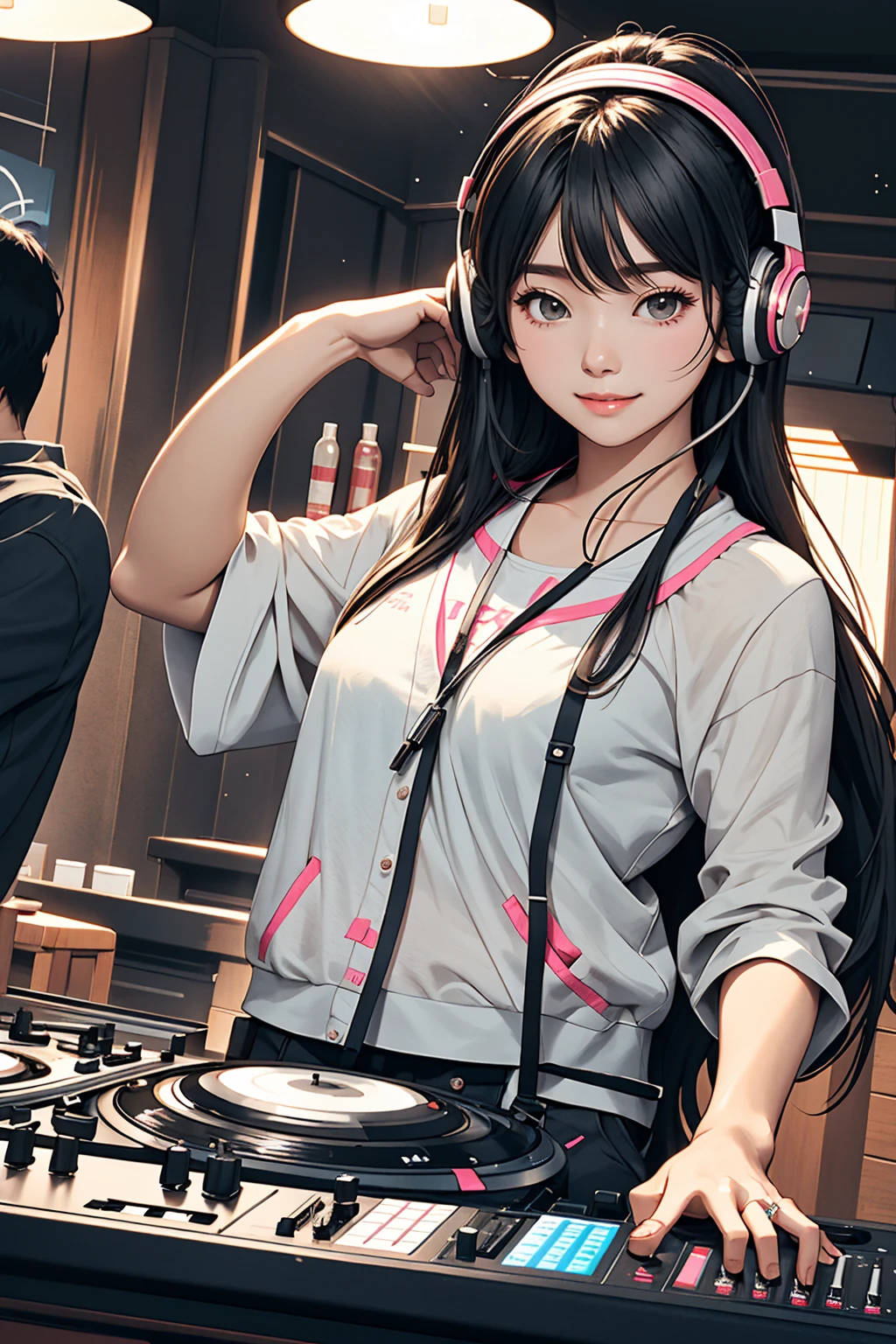 Club house, party, playing the best groove music, attractive and kawaii long-haired young club DJ Japanese woman. She is a genius who pleases the surroundings with headphones and is very exciting. Ultra-realistic photo with her as the focus, motion blur, high resolution, high quality, masterpiece.