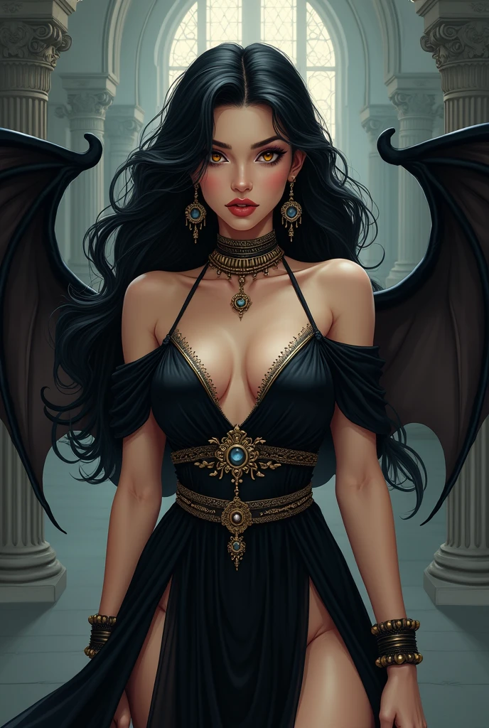 Beautiful adult woman with black hair and amber eyes, perfect curvy anatomy and pale skin, Ancient Greek clothing in black with bat wings and darker tones in the background in a cartoon style
