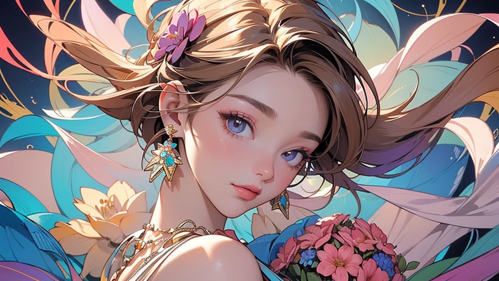 32K, 最高quality, 最高masterpiece, (ultra-Detailed Background, Detailed Background), High resolution, Super detailed, Very detailedな, 1 personの, (bouquet:1.3), (Tangled:1.2), (Geometric:1.2),(colorful),(masterpiece, quality, best quality, Official Art, Beautiful and beautiful:1.2), (1 person:1.3), Very detailed,(colorful:1.1)(Flowers:1.3),Most detailed,(Tangled:1.2), whole body, (Abstract background:1.3), (Skin glows), (Many colors:1.4), ,(Earrings Jewelry:1.5), Gradient Background, It's imaginative., Flaxen Hair,