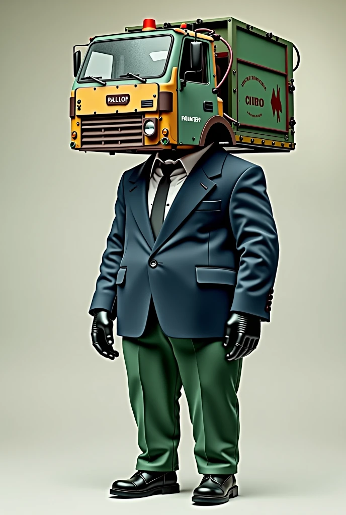 A humanoid being with the main characteristic of having its head replaced by a garbage truck, he wears a blue suit with green pants, he wears black leather gloves and black shoes