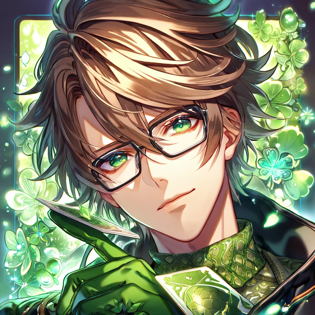 absurdres, highres, ultra detailed, HDR, master piece, Kent, mousy brown hair, messy hair, expressive green eyes, square glasses, black long jacket with turtle neck, green gloves, Amnesia Memories, sexy man, handsome, best quality, green blossoms, green petals, green flowers, fantasy, magical, green shining fireflies, solo, water, clover of cards, sensual, close up
