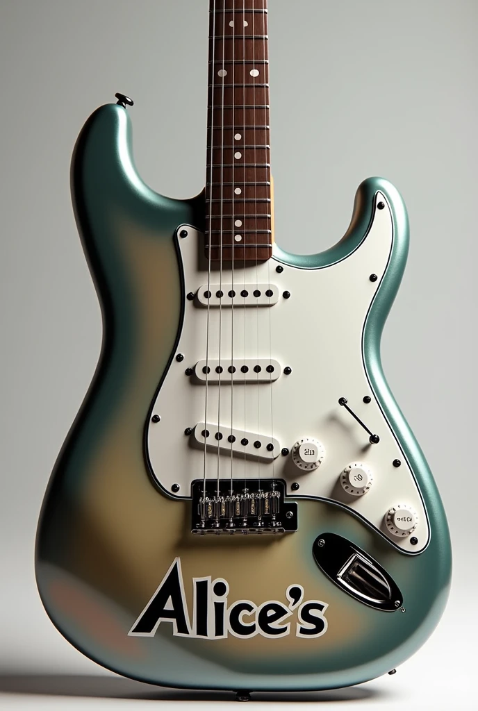 creates an image of a stratocaster with the brand written on it "Alice's"
