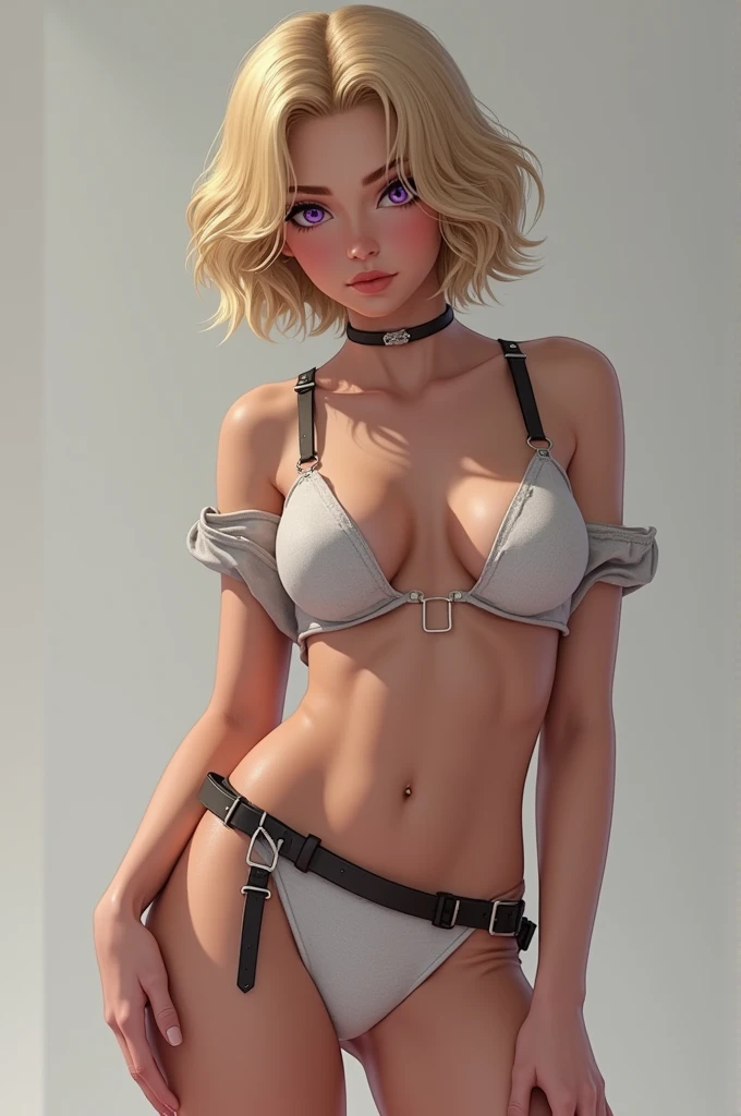 Create a woman with short blonde hair with short shorts, white panties and a crop top with purple eyes