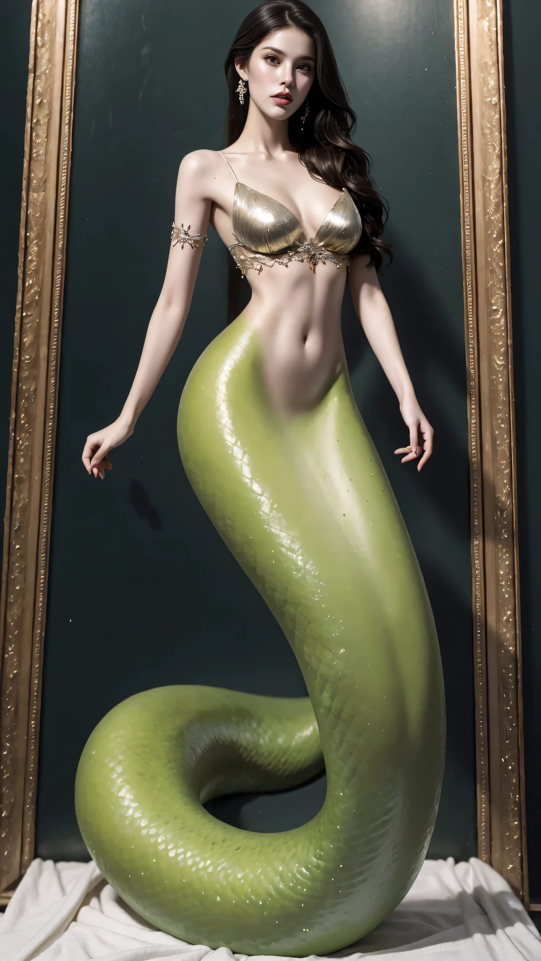 Lamia，((masterpiece)), ((best quality)), ((high resolution)), ((Fine details)),A girl covered in scales，（Medusa：1.2），（Thin and long S-shaped snake tail：1.5）, Exquisite facial features，Casual hairstyle，clavicle，Large Breasts，Thin waist，Abdominal muscles，Right hand，Delicate skin，Glossy body，square，building in the distance，Sky，（3d），Realism，CG，RAW photos，Realisian-Neg，8k
