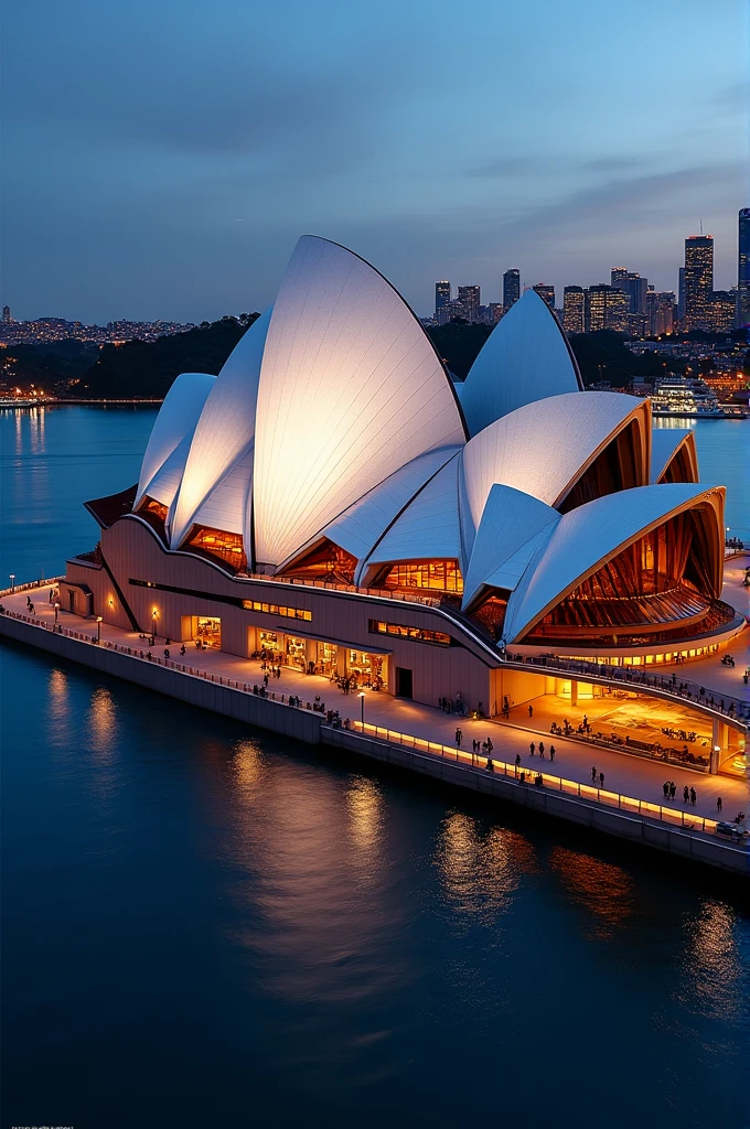 Ultra-realistic 4K image of the Sydney Opera House in Sydney, Australia, at dusk. The iconic shell-like roofs are captured in high detail, with every curve and texture of the white tile surface visible. The warm lighting illuminates the structure against the deepening twilight sky. The waters of Sydney Harbour reflect the Opera House and the city skyline with stunning clarity, capturing the movement of the waves and the subtle shifts in light. The surrounding area is bustling with people and city lights, adding dynamic elements to the scene.”