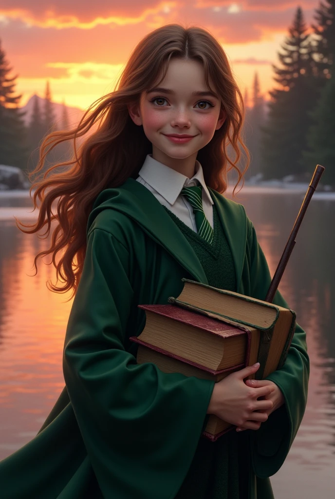 makes a girl with brown hair and brown eyes with a smile, who will have the Slythering uniform and will have a wand and some books in his hand, Also the landscape is a lake with a sunset

