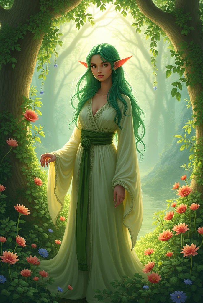 Elf girl with green hair in the garden