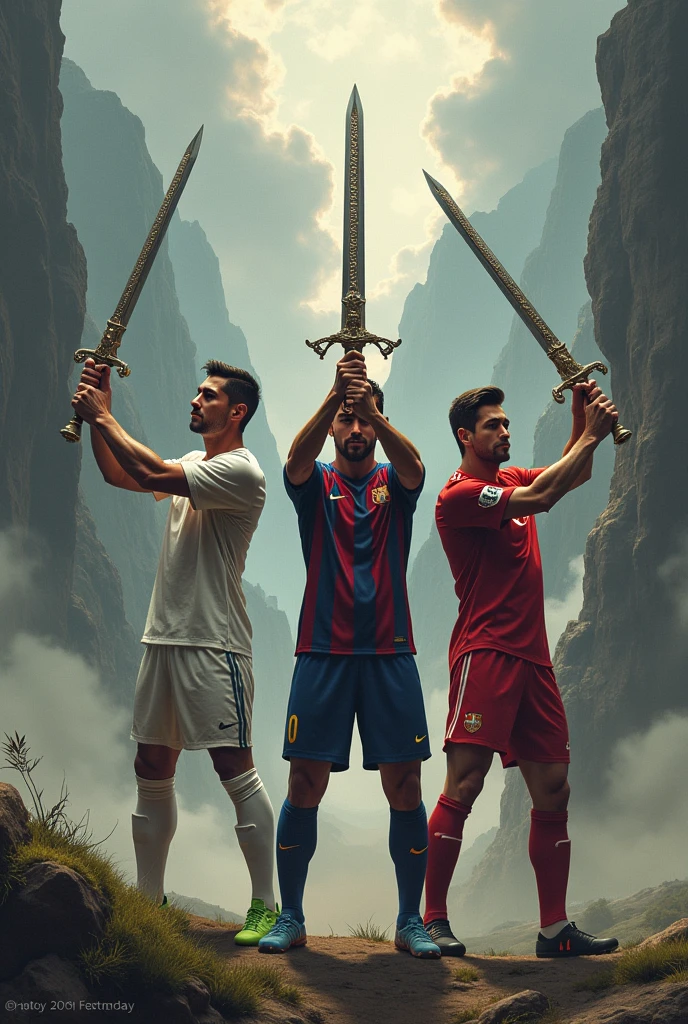 Cristiano and Messi and Neymar with great swords