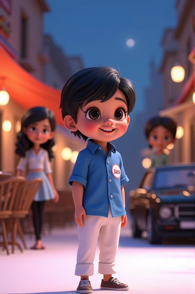 "Create an image of a happy, cute with short hair, wearing blue clothing and white pants or jeans, standing on a white background (fundo branco). The kids a sticker with the name 'Jass' on their clothes. Behind the kid arwo beautiful Punjabi girls, and a black car is parked on the side. The scene is in Pixar-style 3D, with a detailed, asymmetrical face, rendered in ultra-high 16k resolution, with realistic, photo-realistic quality (8k, RAW photo, best quality, master:1.2). In the background, a detailed café scene at night is visible with a beautiful, detailed sky. The image is ultra-detailed, featuring a cute, solo girl with short, flowing hair, sitting and blushing slightly, wearing a buttoned ar shirt with a bow tie, a pleated skirt, and black stockings, with delicate eyes and slender full-body proportions. The scene is high contrast and should capture a mix of Pixar-style 3D and photo-realistic elements."