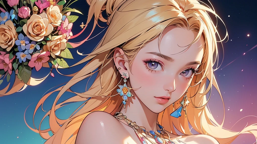 32K, 最高quality, 最高masterpiece, (ultra-Detailed Background, Detailed Background), High resolution, Super detailed, Very detailedな, 1 personの, (bouquet:1.3), (Tangled:1.2), (Geometric:1.2),(colorful),(masterpiece, quality, best quality, Official Art, Beautiful and beautiful:1.2), (1 person:1.3), Very detailed,(colorful:1.1)(Flowers:1.3),Most detailed,(Tangled:1.2), whole body, (Abstract background:1.3), (Skin glows), (Many colors:1.4), ,(Earrings Jewelry:1.5), Gradient Background, It's imaginative., Flaxen Hair,