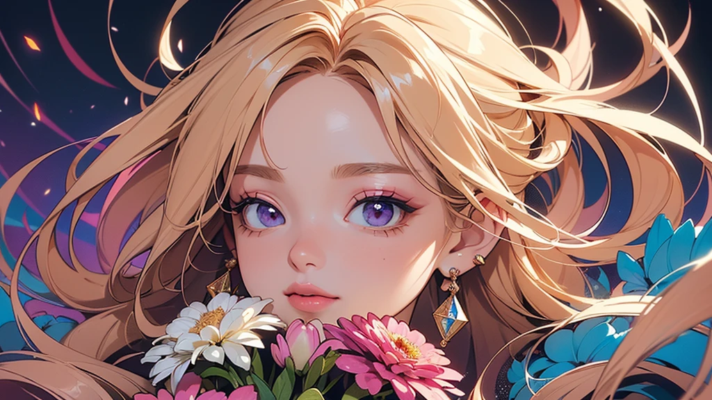 32K, 最高quality, 最高masterpiece, (ultra-Detailed Background, Detailed Background), High resolution, Super detailed, Very detailedな, 1 personの, (bouquet:1.3), (Tangled:1.2), (Geometric:1.2),(colorful),(masterpiece, quality, best quality, Official Art, Beautiful and beautiful:1.2), (1 person:1.3), Very detailed,(colorful:1.1)(Flowers:1.3),Most detailed,(Tangled:1.2), whole body, (Abstract background:1.3), (Skin glows), (Many colors:1.4), ,(Earrings Jewelry:1.5), Gradient Background, It's imaginative., Flaxen Hair,
