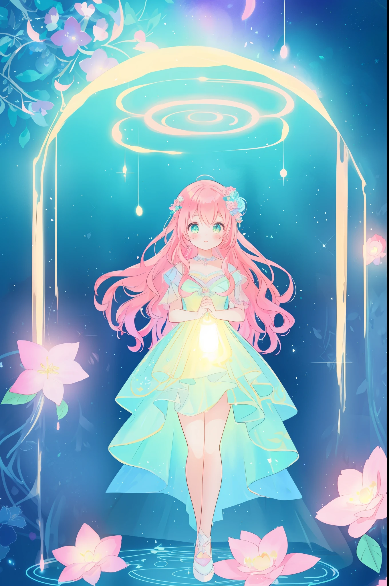 beautiful anime girl in flowing layered ballgown, vibrant pastel colors, (colorful), magical lights, magical flowers, flowers, glowing lights, red pink long wavy hair, sparkling lines of light, inspired by Glen Keane, inspired by Lois van Baarle, disney art style, by Lois van Baarle, glowing aura around her, by Glen Keane, jen bartel, glowing lights! digital painting, flowing glowing hair, glowing flowing hair, beautiful digital illustration, fantasia background, whimsical, magical, fantasy, beautiful face, ((masterpiece, best quality)), intricate details, highly detailed, sharp focus, 8k resolution, sparkling detailed eyes, liquid watercolor