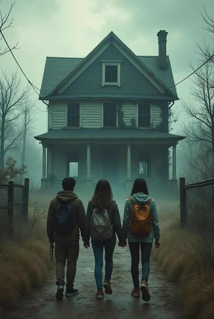 (Best Quality)), ((masterpiece)), (detailed), A group of friends decide to explore an abandoned house on the outskirts of town,