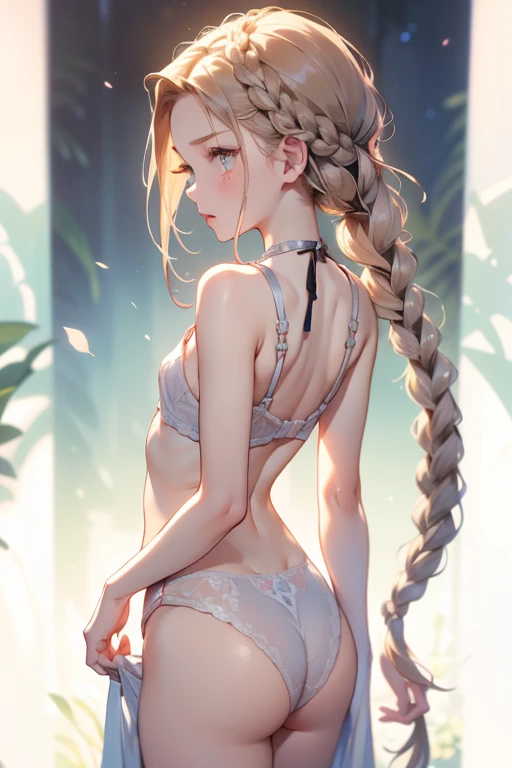 ((best quality)), ((masterpiece)), (detailed), 1girl, (big forhead:1.2),extremely detailed cute anime face, (((flat chest))), (flat chest:1.1),((((long twin braids,tight braids,long braid,braided hair,long hair)))),intricate eyes,beautiful detailed eyes,symmetrical eyes,(((detailed face))),beautiful detailed lips, looking at this, (((embarrassed))),(horrified expression),(panic),(crying),highres,(best quality),(ultra detailed,extremely detailed),perfect face details, ((masterpiece:1.4, best quality))+, (ultra detailed)+, long twintails, cute girl, (flat chest:1.1), small breasts, slim body, skinny, (narrow hips), prominent collarbones, skinny arms, flat stomach, visible hip bones, long hair, red hair, white hair, blonde hair, dark hair, ponytail, thick ponytail, heavy ponytail, small breasts, perfect face, small breasts (flat chest:1.1), NSFW, long revealing gown,Detailed body，Full limbs，(from behind), (turning), NSFW, (flat chest:1.1), lingerie, underwear
