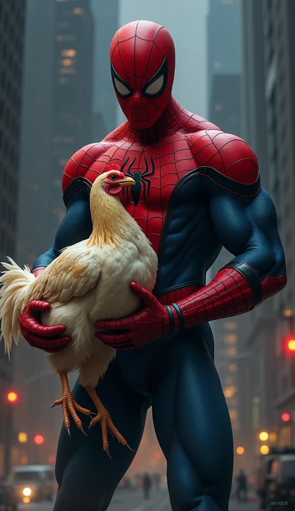 Spiderman holding a chicken by the neck