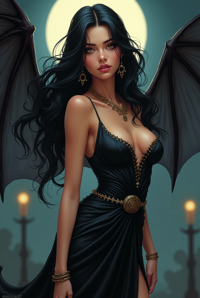 Beautiful adult woman with black hair and amber eyes, perfect curvy anatomy and pale skin, Ancient Greek clothing in black with bat wings and darker tones in the background in a cartoon style 