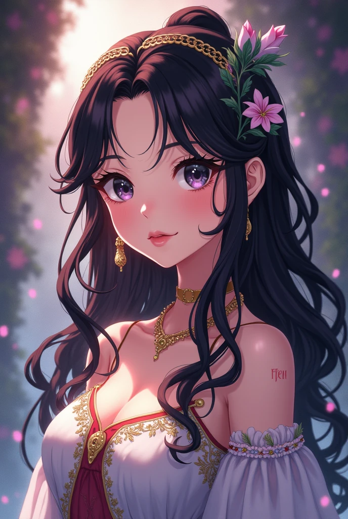create my girlfriend wavy hair , king , almond-shaped eyes, mole on the upper right side near the mouth , anime style 