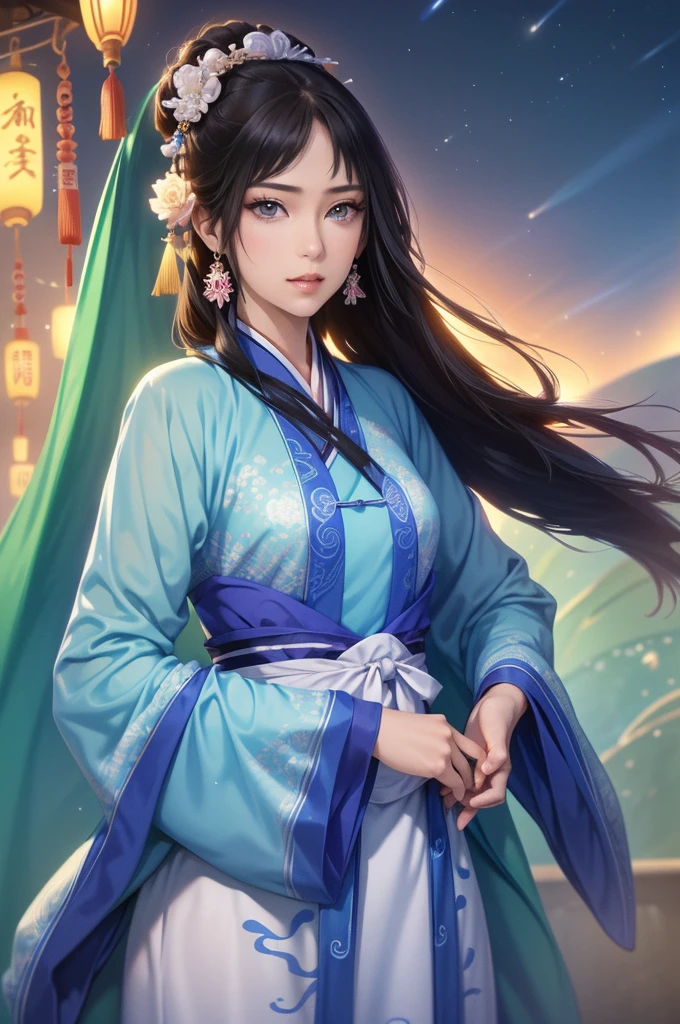 Starry sky landscape、shooting star、Outdoor、 Han Dynasty Landscape、Three Kingdoms、(Highest quality,4K,8k,High resolution,masterpiece:1.2)、Very detailed, High resolution,、Hyper HD、Studio Lighting、Ultra-fine painting、 Sharp focus、 Physically Based Rendering、 Very detailed説明、 Professional、 Vibrant colors、Traditional Chinese Painting Techniques、 Atmospheric lighting、 Vivid color contrast、 Ethereal atmosphere、Very detailed目と顔、 Beautiful attention to detail、 Light on the face、Hanfuを着た少女、(Hanfu: 1.1)、Eyes are green、(((1 girl)))、Anatomically correct