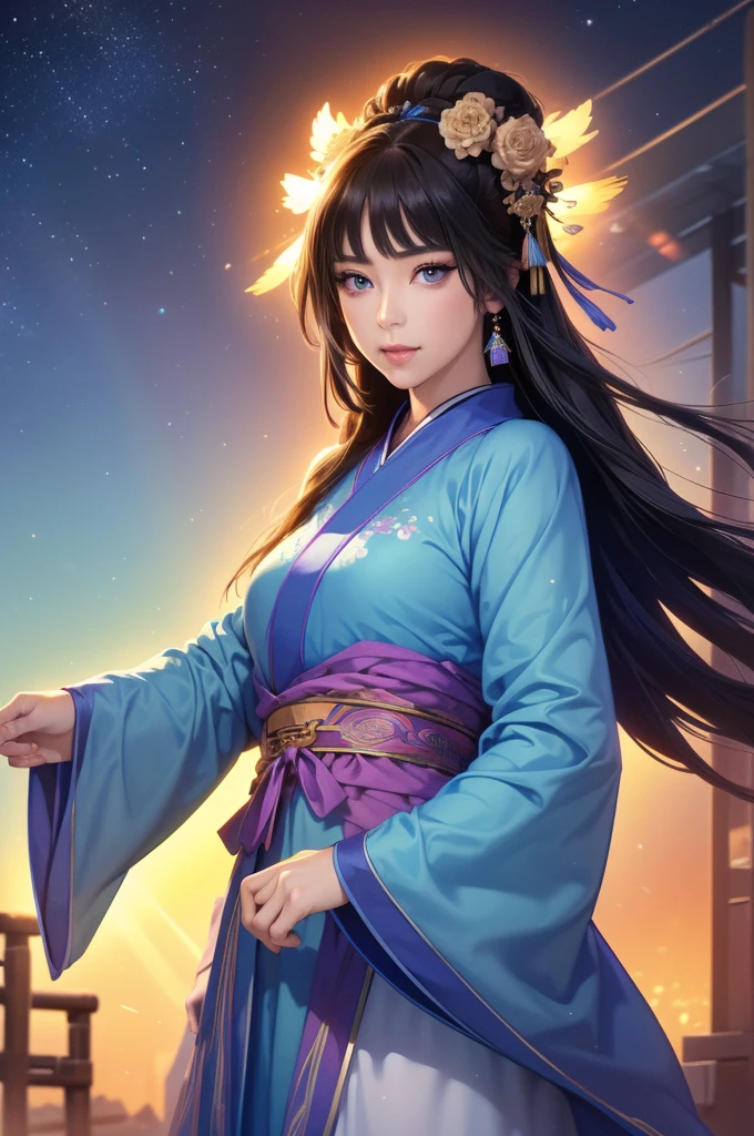Starry sky landscape、shooting star、Outdoor、 Han Dynasty Landscape、Three Kingdoms、(Highest quality,4K,8k,High resolution,masterpiece:1.2)、Very detailed, High resolution,、Hyper HD、Studio Lighting、Ultra-fine painting、 Sharp focus、 Physically Based Rendering、 Very detailed説明、 Professional、 Vibrant colors、Traditional Chinese Painting Techniques、 Atmospheric lighting、 Vivid color contrast、 Ethereal atmosphere、Very detailed目と顔、 Beautiful attention to detail、 Light on the face、Hanfuを着た少女、(Hanfu: 1.1)、Eyes are green、(((1 girl)))、Anatomically correct