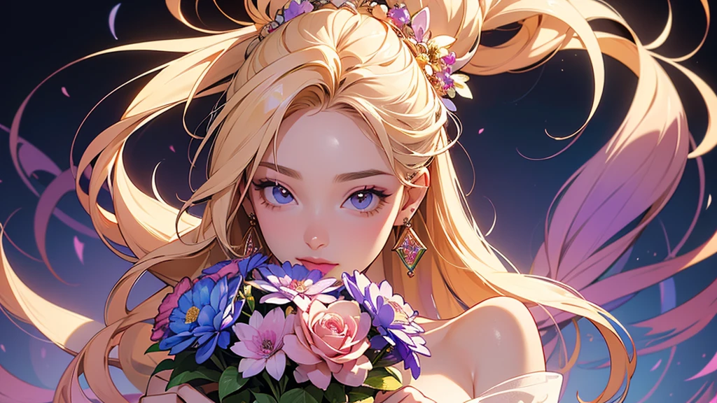 32K, 最高quality, 最高masterpiece, (ultra-Detailed Background, Detailed Background), High resolution, Super detailed, Very detailedな, 1 personの, (bouquet:1.3), (Tangled:1.2), (Geometric:1.2),(colorful),(masterpiece, quality, best quality, Official Art, Beautiful and beautiful:1.2), (1 person:1.3), Very detailed,(colorful:1.1)(Flowers:1.3),Most detailed,(Tangled:1.2), whole body, (Abstract background:1.3), (Skin glows), (Many colors:1.4), ,(Earrings Jewelry:1.5), Gradient Background, It's imaginative., Flaxen Hair,