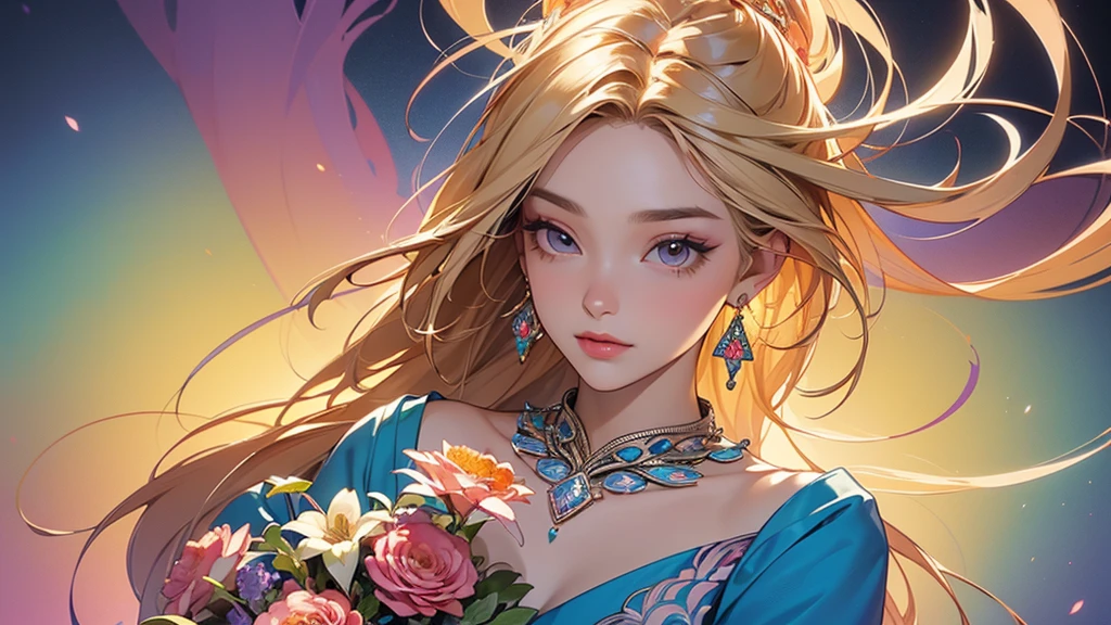 32K, 最高quality, 最高masterpiece, (ultra-Detailed Background, Detailed Background), High resolution, Super detailed, Very detailedな, 1 personの, (bouquet:1.3), (Tangled:1.2), (Geometric:1.2),(colorful),(masterpiece, quality, best quality, Official Art, Beautiful and beautiful:1.2), (1 person:1.3), Very detailed,(colorful:1.1)(Flowers:1.3),Most detailed,(Tangled:1.2), whole body, (Abstract background:1.3), (Skin glows), (Many colors:1.4), ,(Earrings Jewelry:1.5), Gradient Background, It's imaginative., Flaxen Hair,
