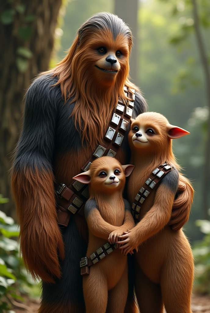 Generate an image of a family of 4 chewbacas with a father, a mother, a daughter of 6 and a daughter of . They are all chewbacas.