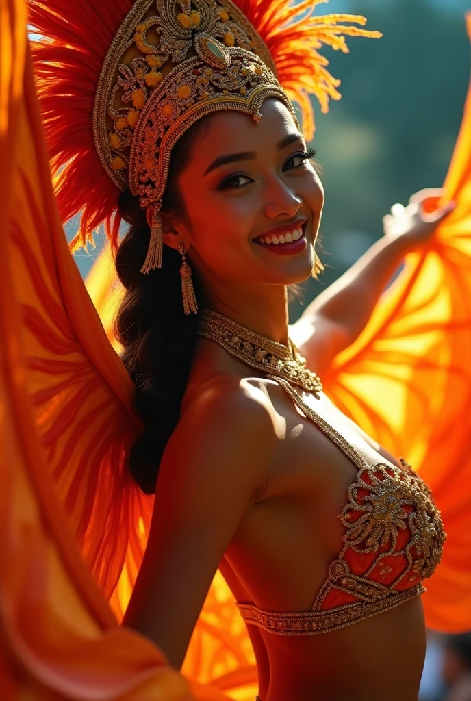 The vibrant 8K resolution image captures the 20-year-old Asian beauty mid-dance, her skin glowing under the vibrant Brazilian samba carnival lights. Her detailed face with sparkling eyes and a lovely smile is depicted in a thigh-high shot, with a blurred background highlighting her dynamic pose. She is wearing a flamboyant samba dance headdress and outfit. She wears a flashy, colorful outfit that accentuates her ample breasts, her beautifully braided trendy hair, and her sensual gaze that exudes seductive and sexy energy. This samba dancer's body is a masterpiece of proportion, from her slim waist to her shapely butt, with her thigh gap adding to her allure. As she changes poses, her golden-proportioned face glows with golden light, highlighting her flawless features. The result is a visually stunning and captivating image, a true masterpiece of beauty and sensuality. Watch as she elegantly portrays her beautiful good looks and style.
