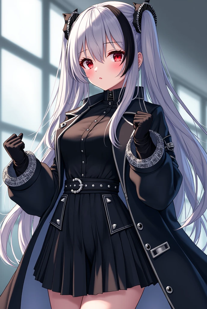 Anime girl with red eyes and long straight gray hair with black streaks, He wears a modern uniform consisting of a long-sleeved black coat with silver trim and detailing., white ornaments around both of his fists, black skirt, black gloves, Waders