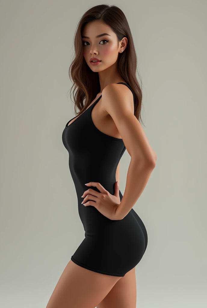 Create a woman with a slim and toned figure, with a narrow waist and proportionate hips. Her arms and legs are slim and well defined., which suggests a worked musculature. She has light-toned skin and long, straight hair., highlighting her slim and athletic figure. He has almond-shaped brown eyes, cupid's lips, big, round buttocks and shapely breasts. Argentine nationality and wearing a black dress.