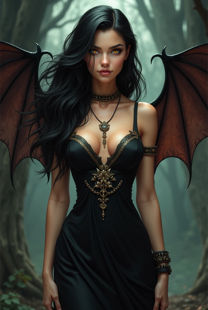 Beautiful adult woman with black hair and amber eyes, perfect curvy anatomy and pale skin, Ancient Greek clothing in black with bat wings and darker tones in the background in a cartoon style 