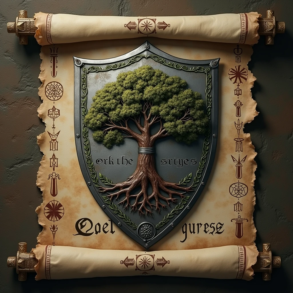 "A vertically unrolled medieval scroll, crafted from ancient parchment with tattered edges, displays a Templar shield at its center. The shield, made of polished iron, features an embedded oak tree with its roots and branches intertwined within the metal. Under the shield, the phrase 'Oak of Righteousness' is inscribed in a bold medieval font, surrounded by intricate illustrations of vines and leaves. The scroll's background includes faded medieval patterns and symbols - ar 1024x1792."
