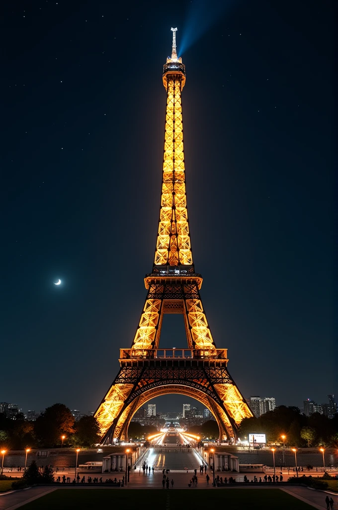 Ultra-realistic 4K night image of the Eiffel Tower in Paris, France, fully illuminated. The iron lattice structure is sharply defined, with every beam, rivet, and decorative element visible in exquisite detail. The golden lights glow warmly against the dark, starry night sky. The foreground includes the lush greenery of the Champ de Mars, with small groups of people admiring the tower. The scene captures the romantic ambiance of Paris, with the city’s lights twinkling in the background.”