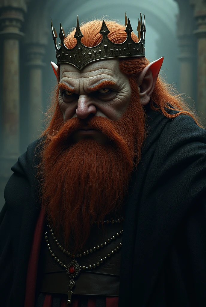king man , dark orange hair, malicious expression , scruffy beard , Oval face , wearing a crown, little beard and no expression, sem beard, plumpness