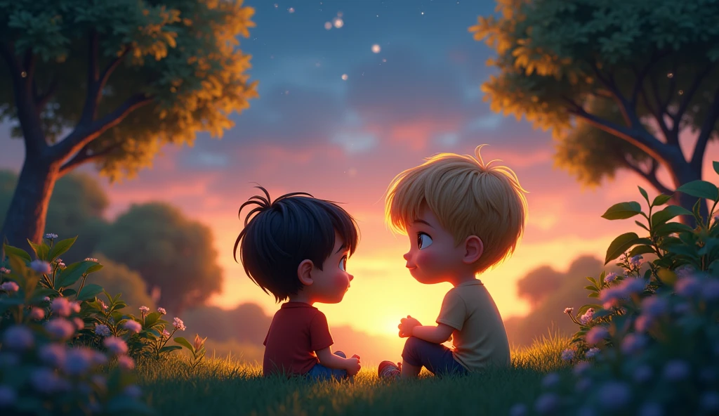 Once upon a time there were two brothers named Cássio and Diogo. Cássio, smaller, short and straight hair, dark brown hair, transparent bangs, big cheeks and round face. Diogo, short blond hair, thin face and blue eyes. Cássio and Diogo sitting on the grass in the garden at dusk, with the starry sky beginning to appear. Pixar, Disney, hyper-realistic.