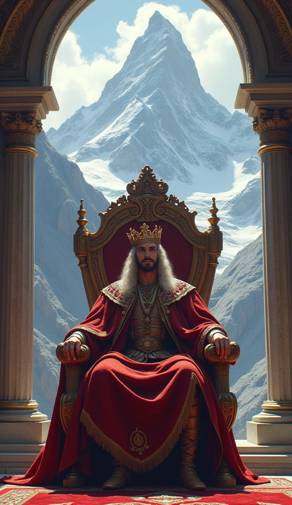 The majestic king sits on the throne,Surrounded by mountains