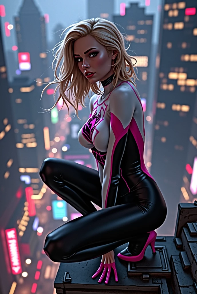 full body picture Unreal Engine 5 8K UHD of beautiful women, white short hair, wearing black white tight futuristic latex Spider Woman cosplay, latex glove, wearing purple glass, earring, lips piercing, modern city, best quality, masterpiece, 8K UHD wallpaper