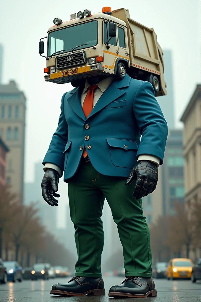 a humanoid being wearing a blue suit with a blue tie and green pants, and main feature is the head is replaced by a garbage truck, he is 9 meters tall, and wears black leather gloves