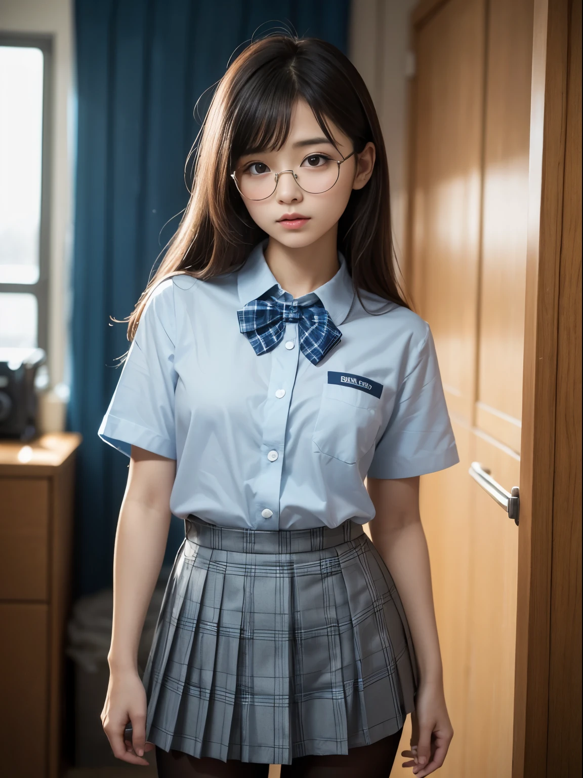 (8k、生photograph、 Highest quality、masterpiece:1.2)、Shortcuts,(Small eyes)、((Black Pantyhose))、((Small breasts)、(Small breasts)、(Small breasts)、(Cutting board)、(Half an eye))、((Sleepy eyes))、((Squint your eyes))、(Round Glasses)、Droopy eyes、One person、cute、JK、high school girl、Japanese women、(Are standing)、(PhotoReactive:1.37)、Photon Mapping、Real、(Very delicate face)、round face、cute小さな顔、Brown eyes、(Red bow tie)、Radio City、Physically Based Rendering、Prospect、Character boundary depth、Blurred Background、photograph、、body、Beautiful feet、Long legs、Thin legs、(前hairが見える)、hair、lips、Blue_The目、Soft Nose、(Light blue shirt)、(Navy, blue and white plaid pleated skirt)、High school uniforms、See-through clothing、Thighs、black cotton socks、Nogizaka Idol、Japanese Idol