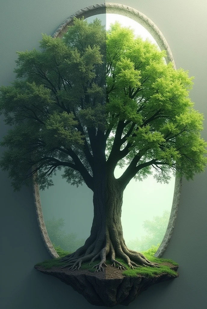 An image of a portal showing a tree, the left half of this tree is destroyed by humans and the other half shows what this tree was like before the existence of these