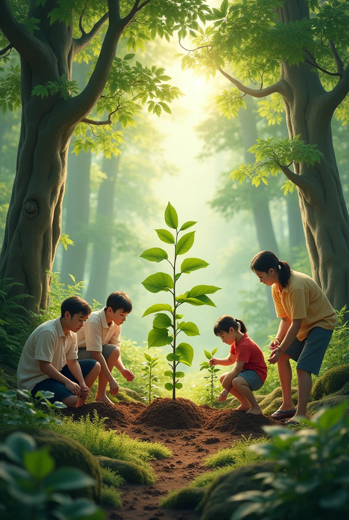 Create an i.agen with a forest in the background and people and children planting trees 