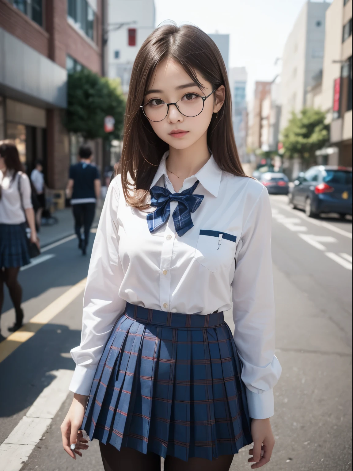 (8k、生photograph、 Highest quality、masterpiece:1.2)、Shortcuts,(Small eyes)、((Black Pantyhose))、((Small breasts)、(Small breasts)、(Small breasts)、(Cutting board)、(Half an eye))、((Sleepy eyes))、((Squint your eyes))、(Round Glasses)、Droopy eyes、One person、cute、JK、high school girl、Japanese women、(Are standing)、(PhotoReactive:1.37)、Photon Mapping、Real、(Very delicate face)、round face、cute小さな顔、Brown eyes、(Red bow tie)、Radio City、Physically Based Rendering、Prospect、Character boundary depth、Blurred Background、photograph、、body、Beautiful feet、Long legs、Thin legs、(前hairが見える)、hair、lips、Blue_The目、Soft Nose、(Light blue shirt)、(Navy, blue and white plaid pleated skirt)、High school uniforms、See-through clothing、Thighs、black cotton socks、Nogizaka Idol、Japanese Idol