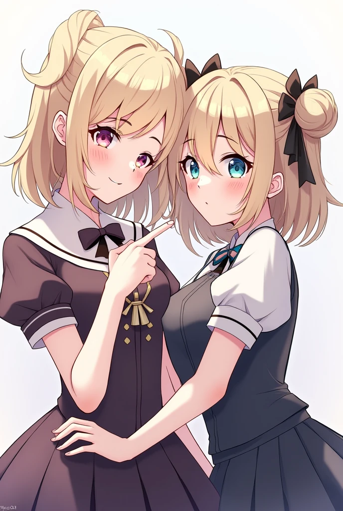 Un dessin de deux filles amis ensemble, just leur buste, et le style de dessin doit ressembler à celui des art officiel de Genshin Impact. Une doit avoir les cheveux attachés en deux couette, et l'autre les cheveux détachés qui arrivent un peu en dessous des épaules.