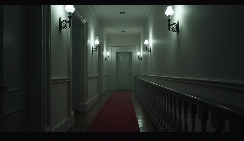 Cinematic, hyper realistic, A detailed interior image of a dimly lit, eerie white hallway with railing on the right in a mansion. The scene is characterized by its shadowy, monochromatic color palette, with a focus on a single closed door at the end of the corridor. The hallway is illuminated by a few antique wall sconces, casting a faint, ominous light. A red carpet runs along the wooden floor, leading towards the door, adding a stark contrast to the otherwise muted tones. The overall atmosphere is tense and foreboding, reminiscent of a scene from a horror or suspense narrative.