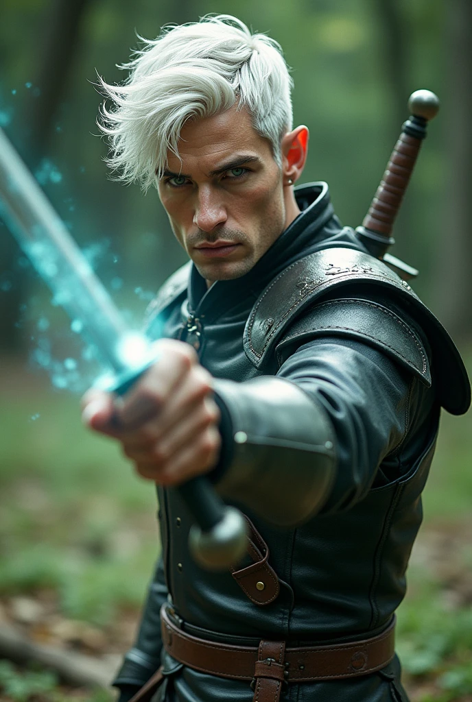 (photorealism:1.2), handsome elf man, light green eyes, slight grin,  short loose wild white hair,  wearing dark leather armor, silver rapier in hand,  fighting stance,  detailed and accurate fingers, outdoors, magical aura surrounding one hand. 