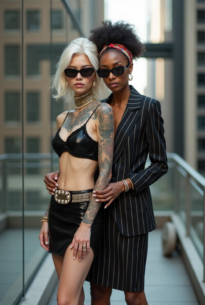 Two russian old milf women: the dominant aggressive dark skinned black woman in business pinstripe cropped blazer, pinstripe pencil skirt and white silk blouse, long nails and afro hair, standing up with separated legs and possessive stance showing off her new white girlfriend to the camera with her hands on her girlfriend's waist and grabbing her arm. Next to her, her white rich drunk girlfriend looks at the camera (white woman is very pale: pale face, pale neck, pale chest, pale arms, pale hands, pale stomach, pale leg), white woman stretches her neck and looks at the camera. White woman leans on her girlfriend . White woman stands up with separated legs. White woman wears low rise back sequins mini skirt and black silk stockings, platinum blonde hair (pouf, top bun, saved sides, wide colourful bandana as headband) and the white woman wears oversized square maxi sunglasses. Big lips with no makeup. White woman Black sequins push up bra. Barefoot.. white woman wears a Lot of thick metallic bracelets in the wrists and big pearl necklaces around the neck. White woman wears Wide loose studded belt with big solid buckle. Loose chains around the hips of the white woman. White woman is leaning back on her girlfriend.. The white woman is densely tattooed on neck, tattoed chest, tattoed stomach, tattoed legs, wrists and feet. White woman has well Toned abdominals, thin neck, slim legs and thin arms. White woman has Narrow hips and noticeable tigh gap. The body of the white woman is twisted in a lazy pose .in the balcony of a skyscraper in nyc