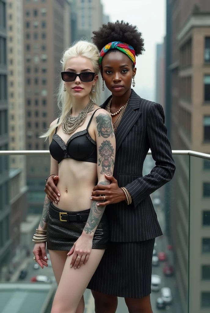 Two russian old milf women: the dominant aggressive dark skinned  black woman in business pinstripe cropped blazer, pinstripe pencil skirt and white silk blouse, long nails and afro hair, standing up with separated legs and possessive stance showing off her new white girlfriend to the camera with her hands on her girlfriend's waist and grabbing her arm.  Next to her, her white rich drunk girlfriend looks at the camera  (white woman is very pale: pale face, pale neck, pale chest, pale arms, pale hands, pale stomach, pale leg), white woman stretches her neck and looks at the camera. White woman leans on her girlfriend . White woman stands up with separated legs. White woman wears low rise back sequins mini skirt and black silk stockings, platinum blonde hair (pouf, top bun, saved sides, wide colourful bandana as headband) and the white woman wears oversized square maxi sunglasses. Big lips with no makeup. White woman Black sequins push up bra. Barefoot.. white woman wears a Lot of thick metallic bracelets in the wrists  and big pearl necklaces around the neck. White woman wears Wide loose studded belt with big solid buckle. Loose chains around the hips of the white woman. White woman is leaning back on her girlfriend.. The white woman is densely tattooed on neck, tattoed chest, tattoed stomach, tattoed legs, wrists and feet. White woman has well Toned abdominals, thin neck, slim legs and thin arms. White woman has Narrow hips and noticeable tigh gap. The body of the white woman is twisted in a lazy pose .in the balcony of a skyscraper in nyc